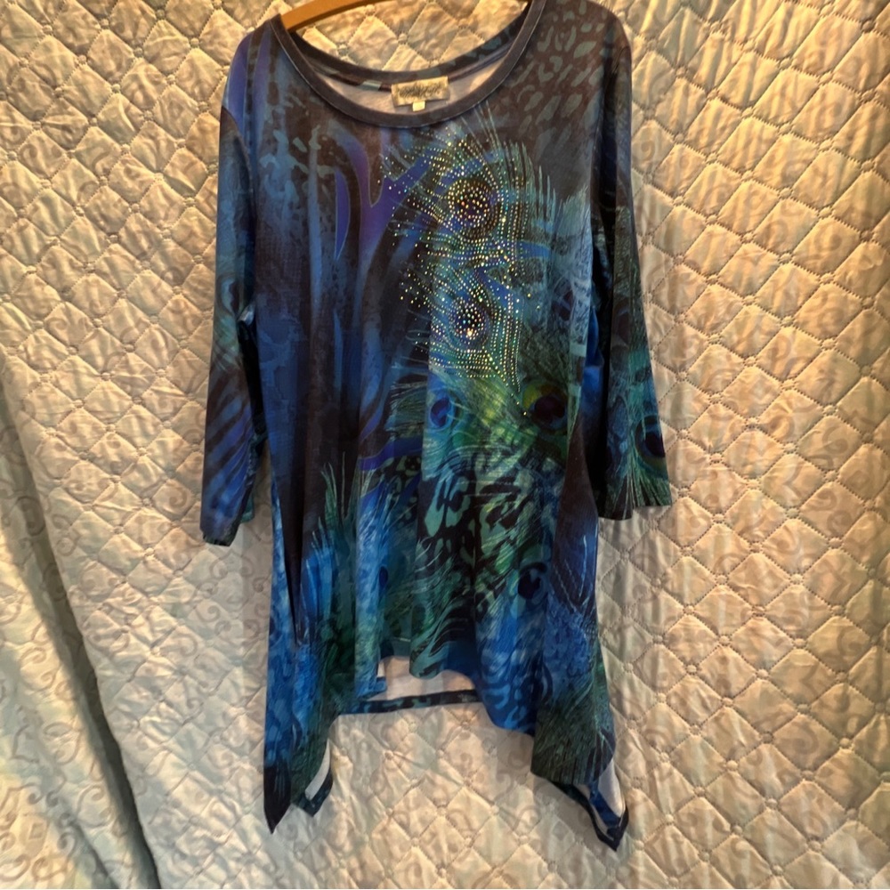 Closet Full Peacock Print Blouse Sz Xlg